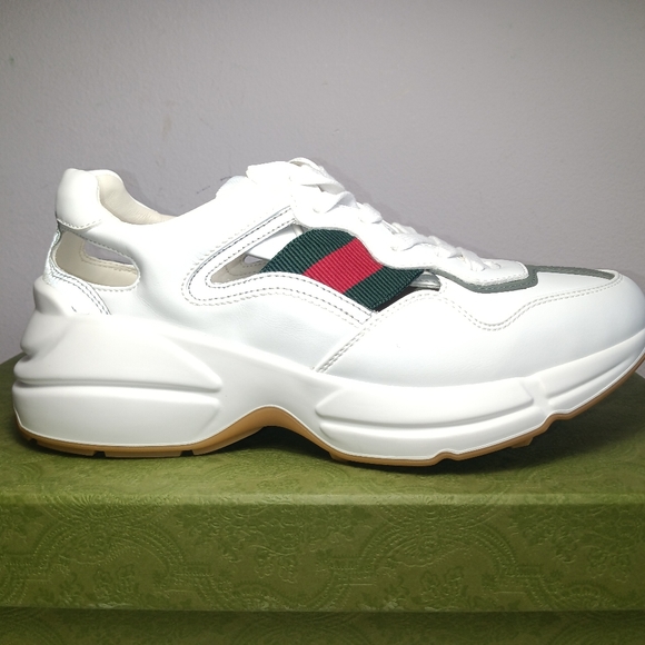 NEW GUCCI RHYTON EVOLUTION CUT-OUT SNEAKERS WHITE WEB LOGO SZ 38.5 - Picture 7 of 16